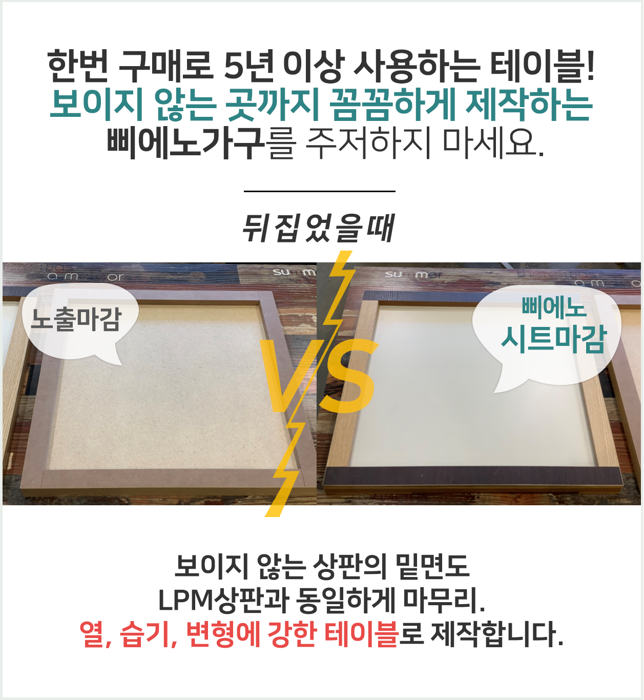 보이지 않의 상판판의 밑면도 LPM상판과 동일하게 마무리. 열,습기, 변형에 강한 업소용테이블, 업소용식탁 테이블로 제작합니다. 